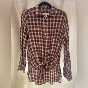 LOFT Red and White Plaid Long Sleeve Collar Button Down Shirt